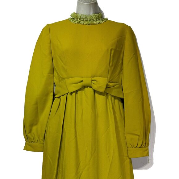 vintage lorrie deb green lace collar long sleeve bow waist modesty dress Size 9 - Picture 2 of 11